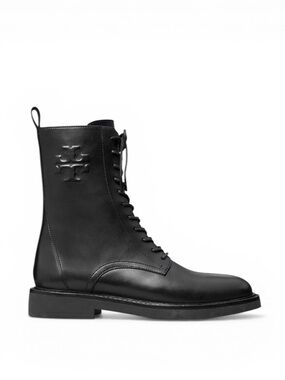 Tory Burch Black Embossed Logo Leather Lace-Up Boots